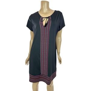 Lands' End Sheath Dress Size M Short Sleeve Black w Red Design Nylon/Spandex
